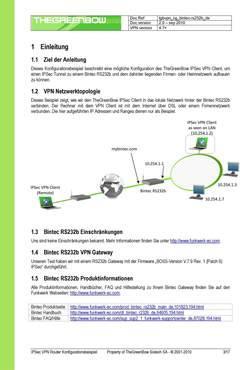 Firmen- oder Heimnetzwerk aufbauen zu können. 1.2 VPN Netzwerktopologie Dieses Beispiel zeigt, wie wir den TheGreenBow IPSec Client in das lokale Netzwerk hinter der Bintec RS232b verbinden.