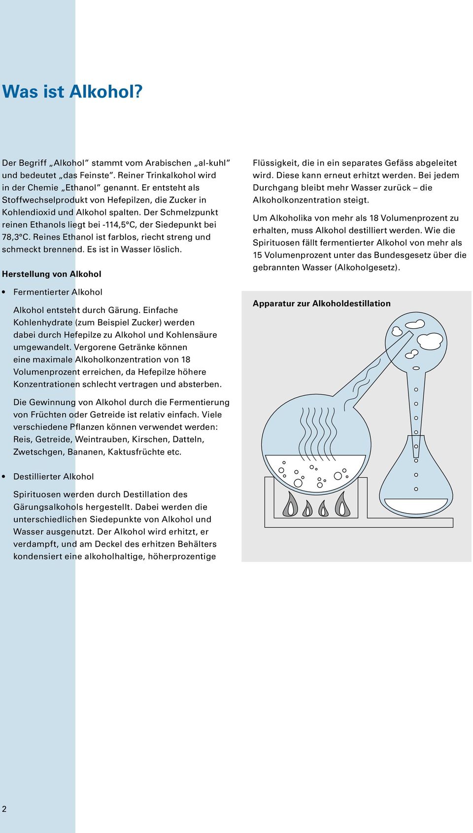 Reines Ethanol ist farblos, riecht streng und schmeckt brennend. Es ist in Wasser löslich. Herstellung von Alkohol Fermentierter Alkohol Alkohol entsteht durch Gärung.