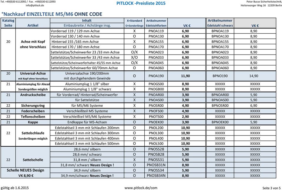 X PNOA155 6,90 BPNOA155 ohne Verschluss Hinterrad 170 / 180 mm Achse O PNOA170 6,90 BPNOA170 Sattelstütze/Scheinwerfer 23 /33 mm Achse O/X PNOA023 6,90 BPNOA023 Sattelstütze/Scheinwerfer 33 /43 mm