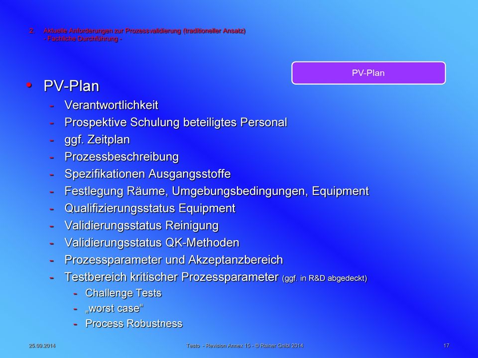 Zeitplan - Prozessbeschreibung - Spezifikationen Ausgangsstoffe - Festlegung Räume, Umgebungsbedingungen, Equipment - Qualifizierungsstatus Equipment -