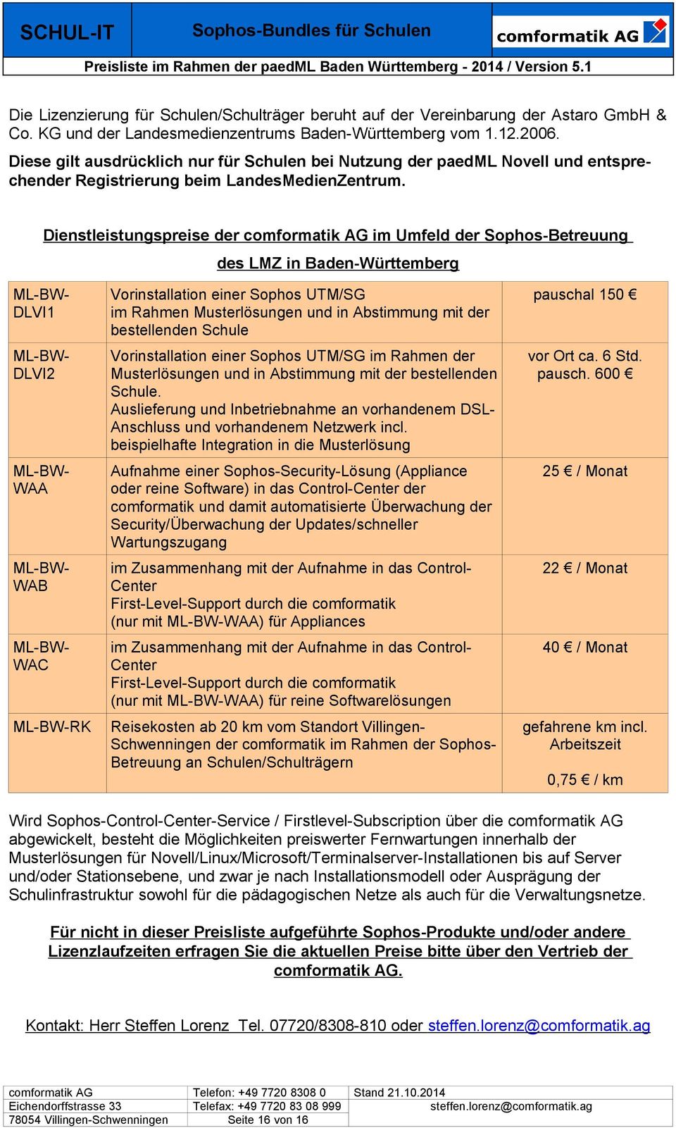 Dienstleistungspreise der comformatik AG im Umfeld der Sophos-Betreuung des LMZ in Baden-Württemberg ML-BW- DLVI1 ML-BW- DLVI2 ML-BW- WAA ML-BW- WAB ML-BW- WAC ML-BW-RK Vorinstallation einer Sophos