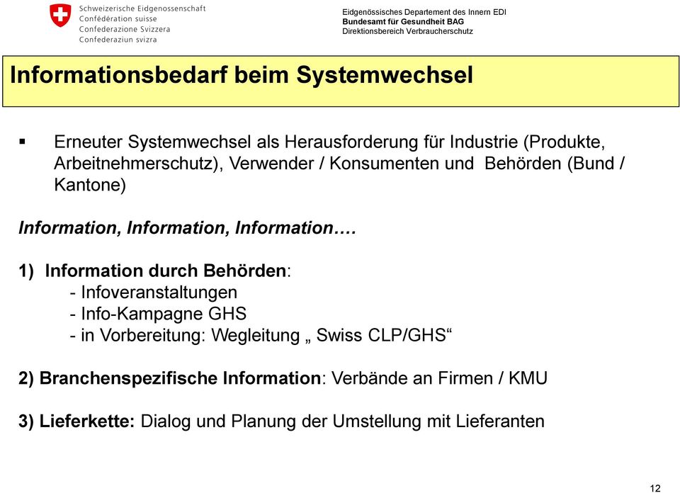 1) Information durch Behörden: - Infoveranstaltungen - Info-Kampagne GHS - in Vorbereitung: Wegleitung Swiss CLP/GHS