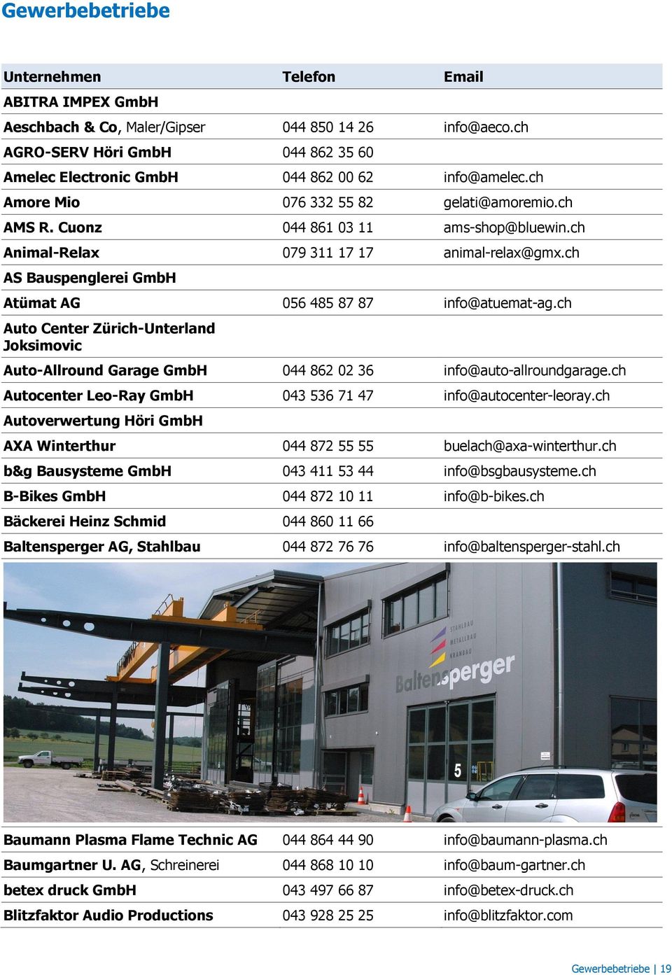 ch AS Bauspenglerei GmbH Atümat AG 056 485 87 87 info@atuemat-ag.ch Auto Center Zürich-Unterland Joksimovic Auto-Allround Garage GmbH 044 862 02 36 info@auto-allroundgarage.