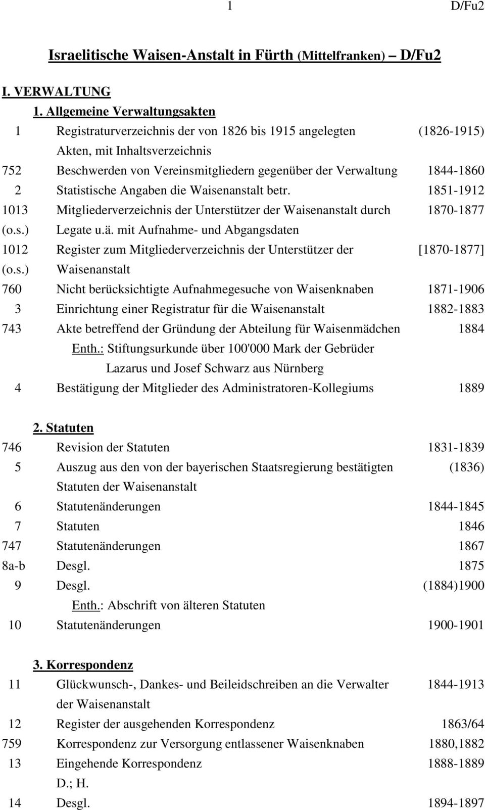 1844-1860 2 Statistische Angaben die Waisenanstalt betr. 1851-1912 1013 Mitgliederverzeichnis der Unterstützer der Waisenanstalt durch 1870-1877 (o.s.) Legate u.ä.