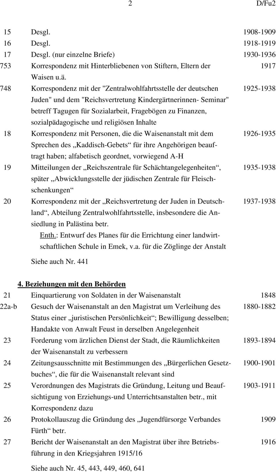 sozialpädagogische und religiösen Inhalte 18 Korrespondenz mit Personen, die die Waisenanstalt mit dem 1926-1935 Sprechen des Kaddisch-Gebets für ihre Angehörigen beauftragt haben; alfabetisch