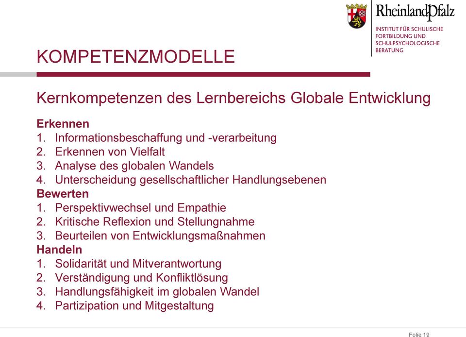 Perspektivwechsel und Empathie 2. Kritische Reflexion und Stellungnahme 3. Beurteilen von Entwicklungsmaßnahmen Handeln 1.