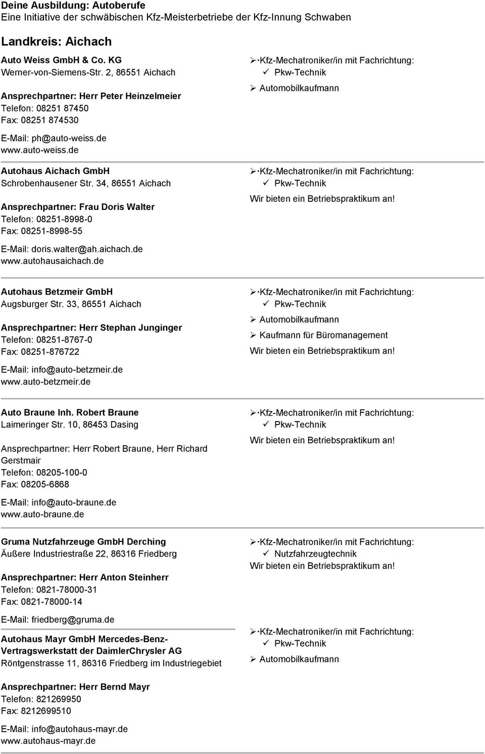 autohausaichach.de Autohaus Betzmeir GmbH Augsburger Str. 33, 86551 Aichach Ansprechpartner: Herr Stephan Junginger Telefon: 08251-8767-0 Fax: 08251-876722 E-Mail: info@auto-betzmeir.de www.