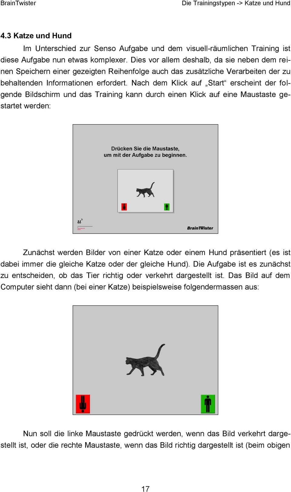 Nach dem Klick auf Start erscheint der folgende Bildschirm und das Training kann durch einen Klick auf eine Maustaste gestartet werden: Zunächst werden Bilder von einer Katze oder einem Hund