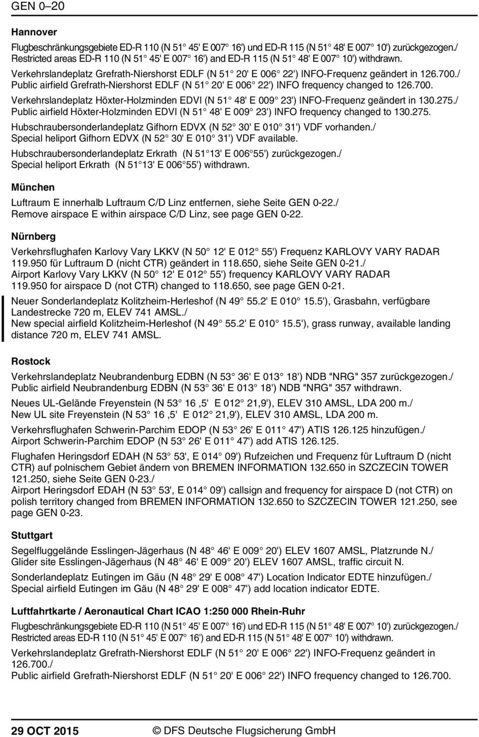 / Public airfield Grefrath-Niershorst EDLF (N 51 20' E 006 22') INFO frequency changed to 126.700. Verkehrslandeplatz Höxter-Holzminden EDVI (N 51 48' E 009 23') INFO-Frequenz geändert in 130.275.