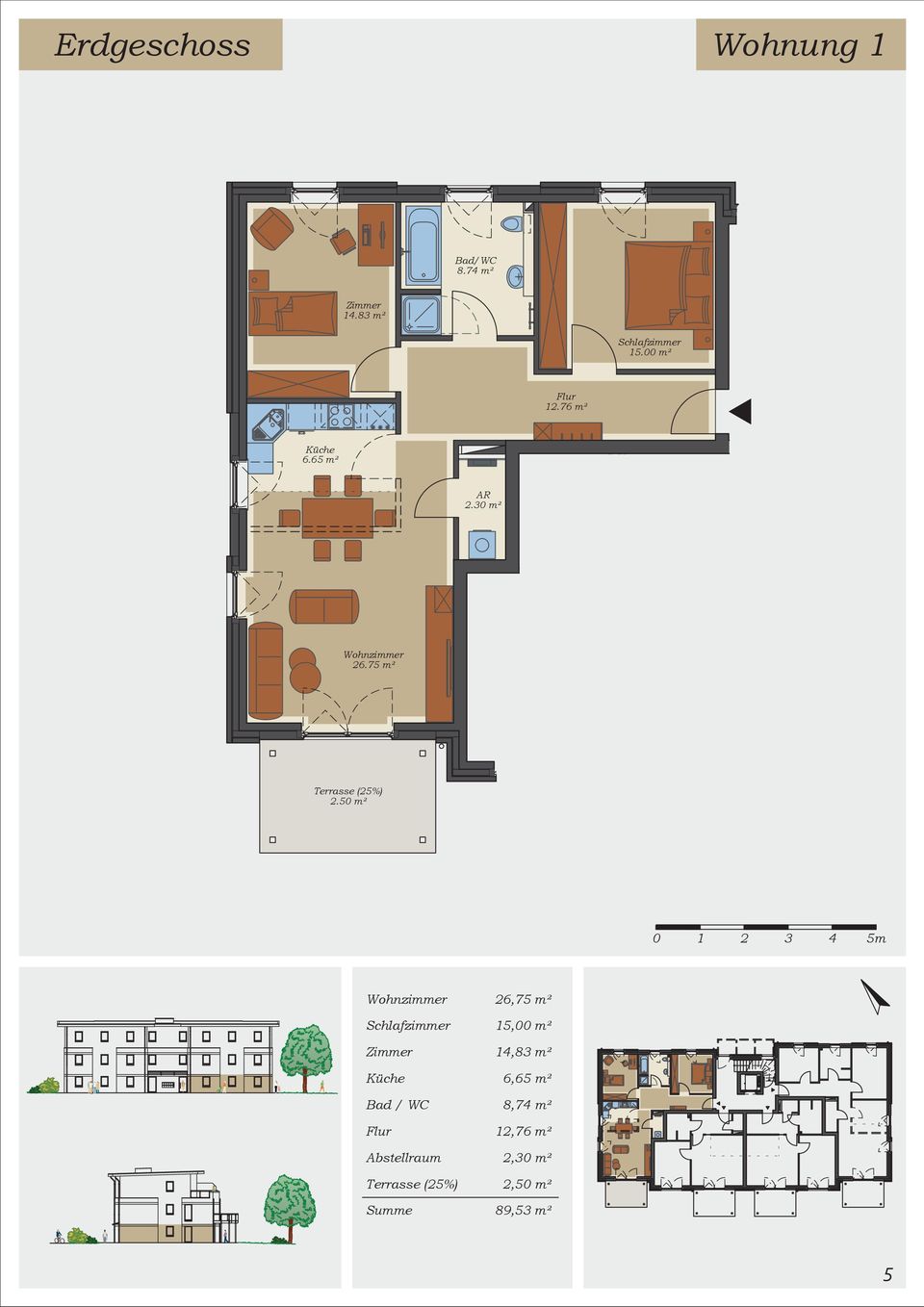 50 m² 0 1 2 3 4 5m Zimmer Bad / WC Summe 26,75 m²