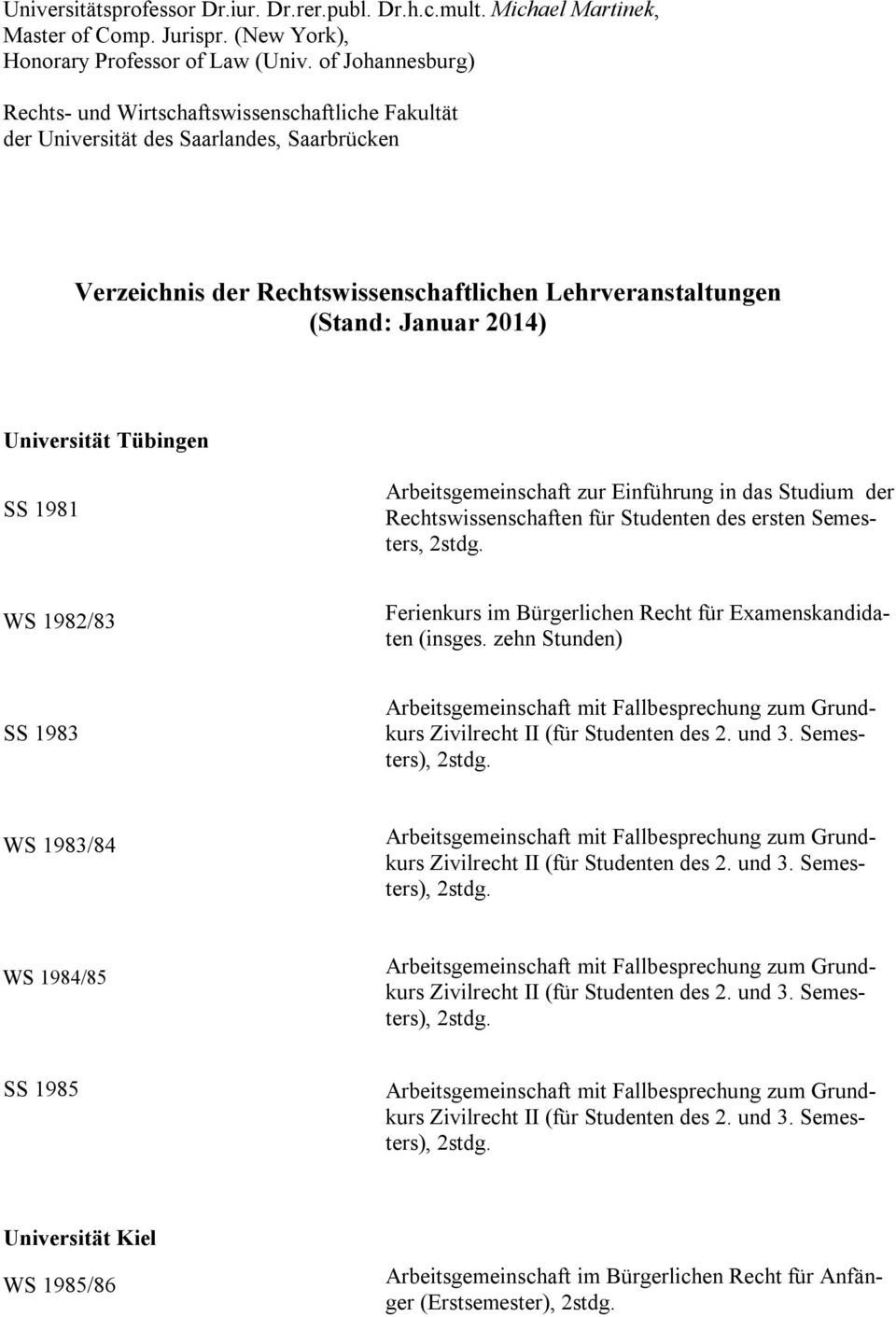 Universität Tübingen SS 1981 Arbeitsgemeinschaft zur Einführung in das Studium der Rechtswissenschaften für Studenten des ersten Semesters, 2stdg.