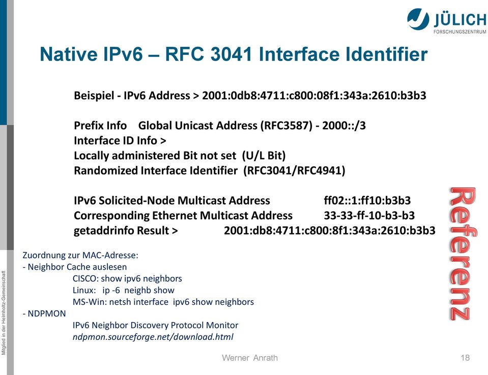 Corresponding Ethernet Multicast Address 33-33-ff-10-b3-b3 getaddrinfo Result > 2001:db8:4711:c800:8f1:343a:2610:b3b3 Zuordnung zur MAC-Adresse: - Neighbor Cache auslesen