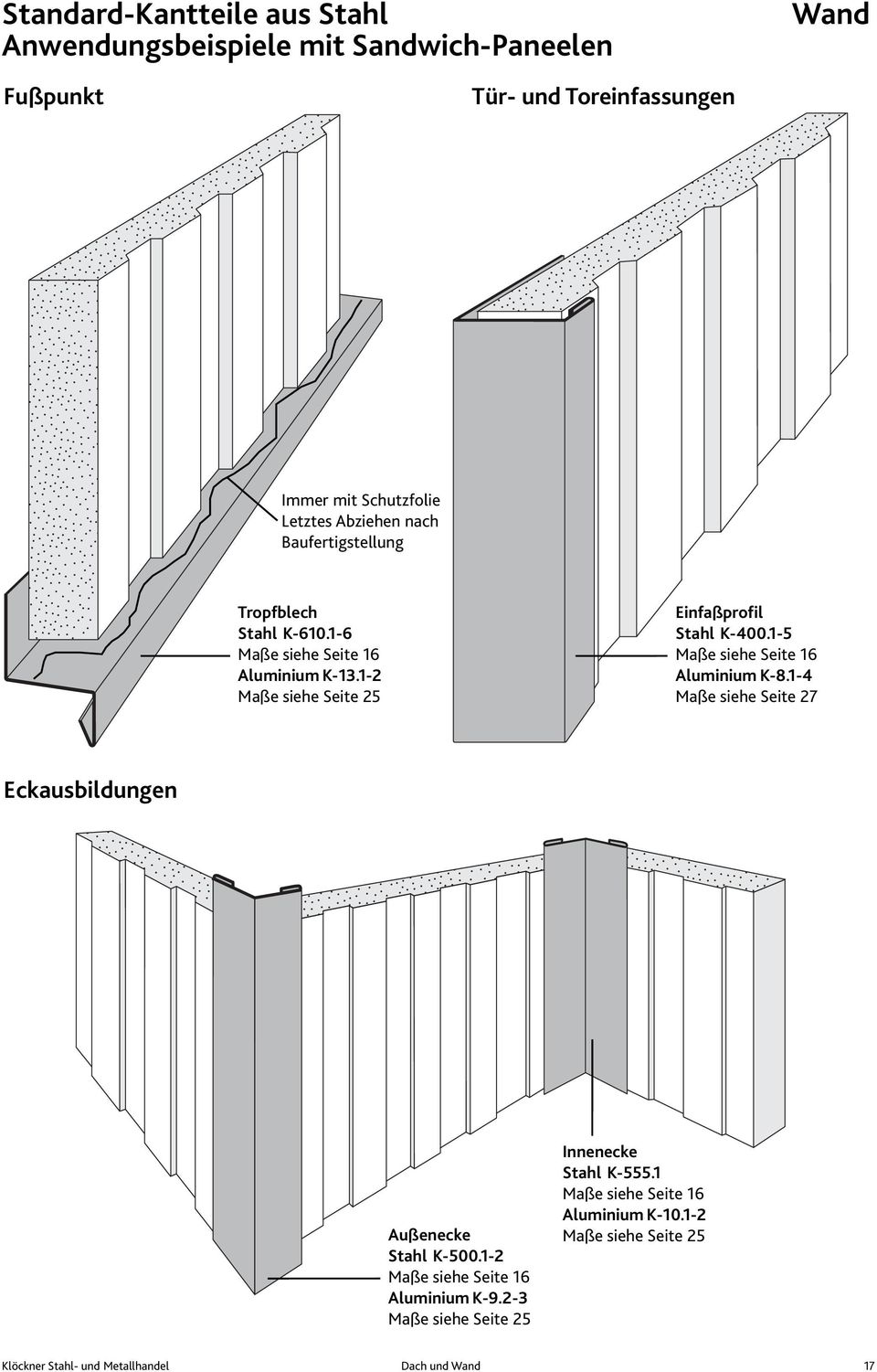 1-5 Maße siehe Seite 16 Aluminium K-8.1-4 Maße siehe Seite 27 Eckausbildungen Außenecke Stahl K-500.1-2 Maße siehe Seite 16 Aluminium K-9.