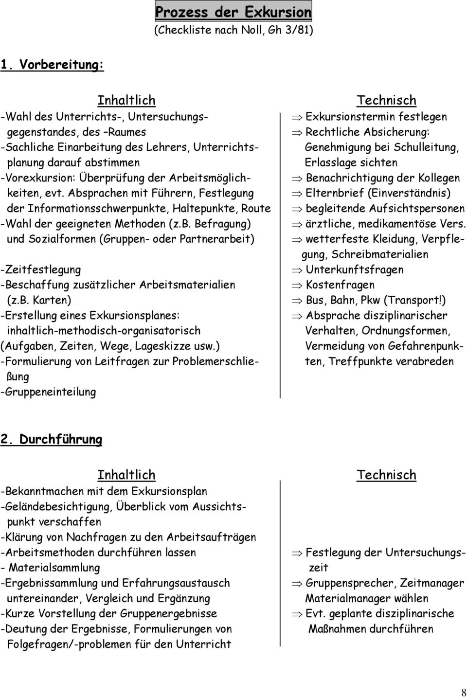 Arbeitsmöglichkeiten, evt. Absprachen mit Führern, Festlegung der Informationsschwerpunkte, Haltepunkte, Route -Wahl der geeigneten Methoden (z.b. Befragung) und Sozialformen (Gruppen- oder Partnerarbeit) -Zeitfestlegung -Beschaffung zusätzlicher Arbeitsmaterialien (z.