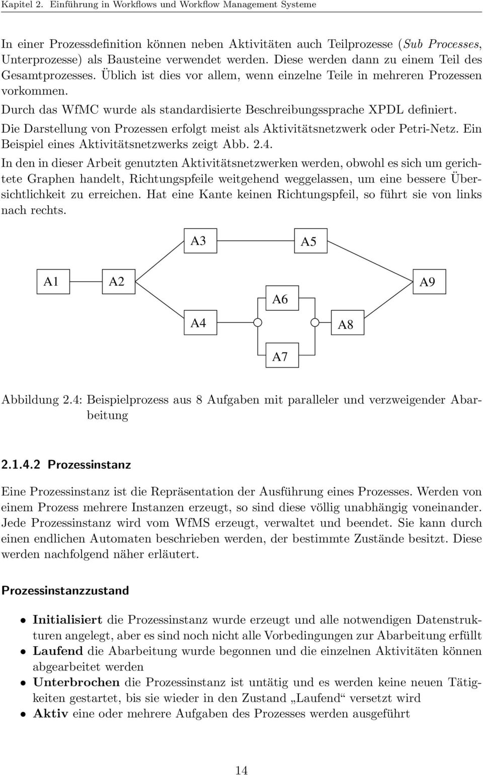 Durch das WfMC wurde als standardisierte Beschreibungssprache XPDL definiert. Die Darstellung von Prozessen erfolgt meist als Aktivitätsnetzwerk oder Petri-Netz.
