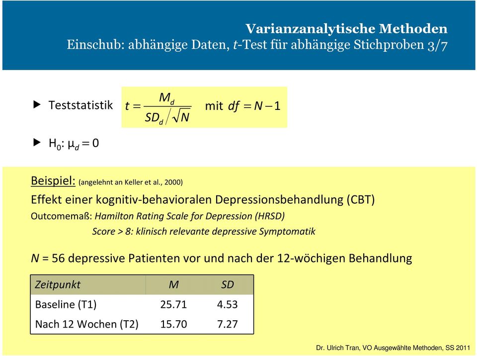 , 2000) Effekt einer kognitiv-behavioralen Depressionsbehandlung (CBT) Outcomemaß: Hamilton Rating Scale for