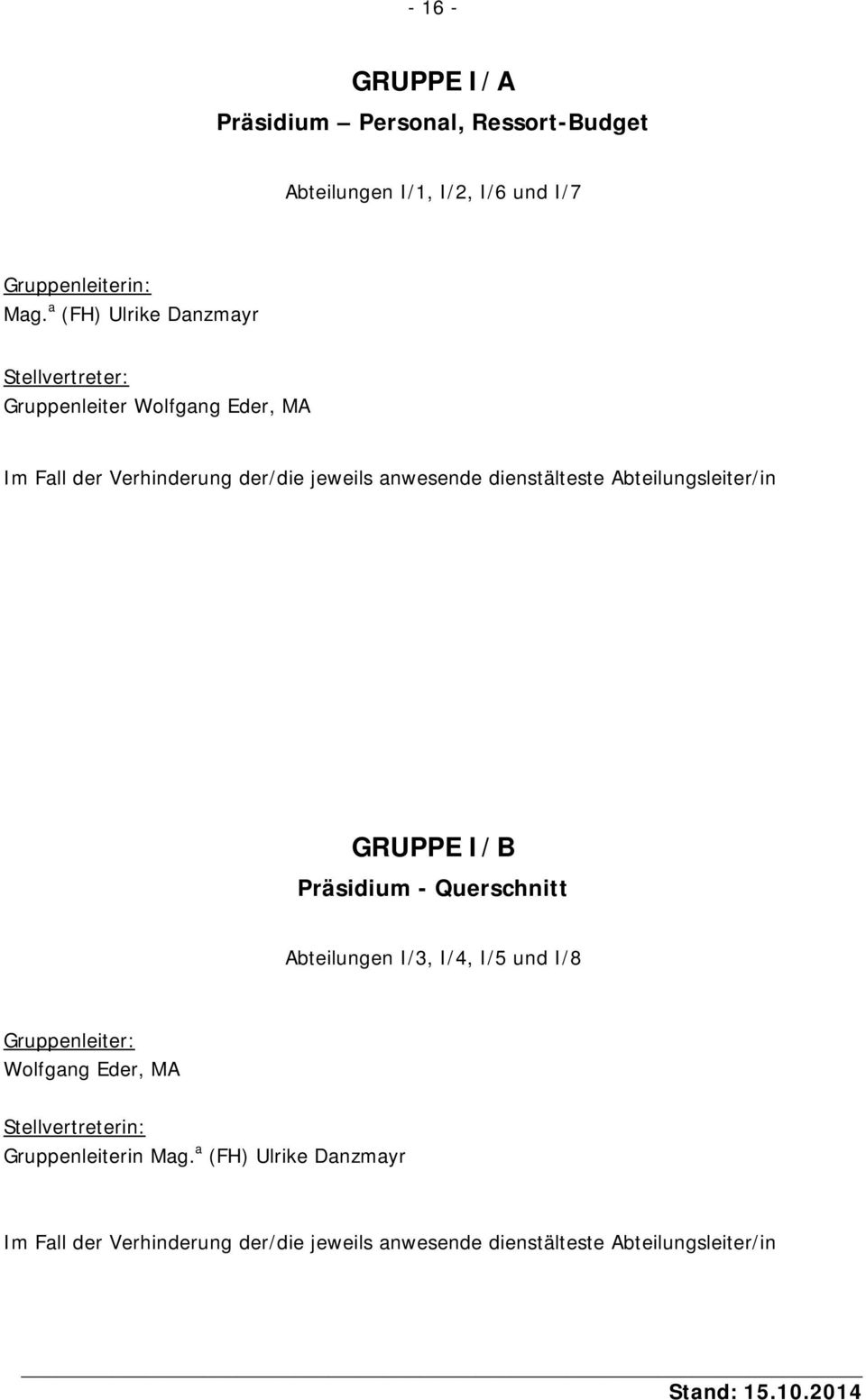 dienstälteste Abteilungsleiter/in GRUPPE I/B Präsidium - Querschnitt Abteilungen I/3, I/4, I/5 und I/8 Gruppenleiter: Wolfgang