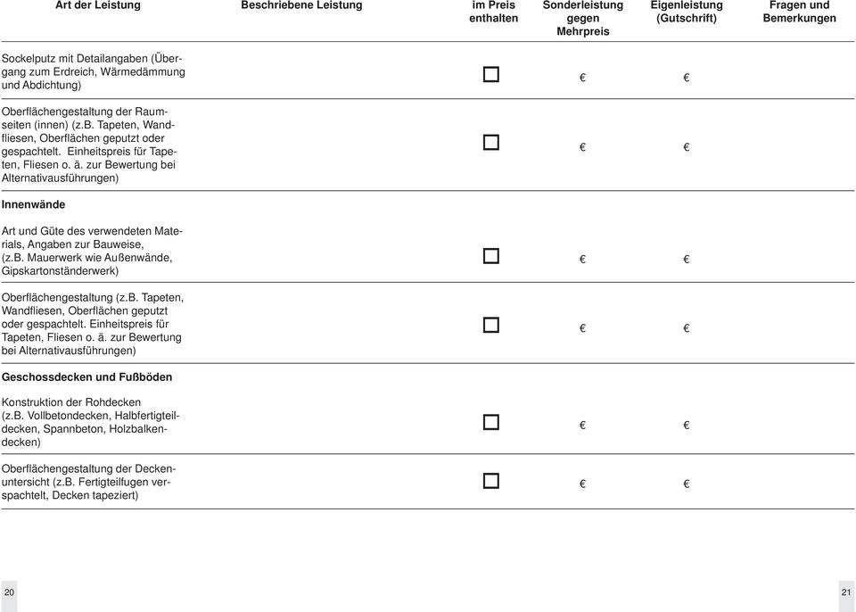 b. Tapeten, Wandfl iesen, Oberfl ächen geputzt oder gespachtelt. Einheitspreis für Tapeten, Fliesen o. ä. zur Bewertung bei Alternativausführungen) Geschossdecken und Fußböden Konstruktion der Rohdecken (z.