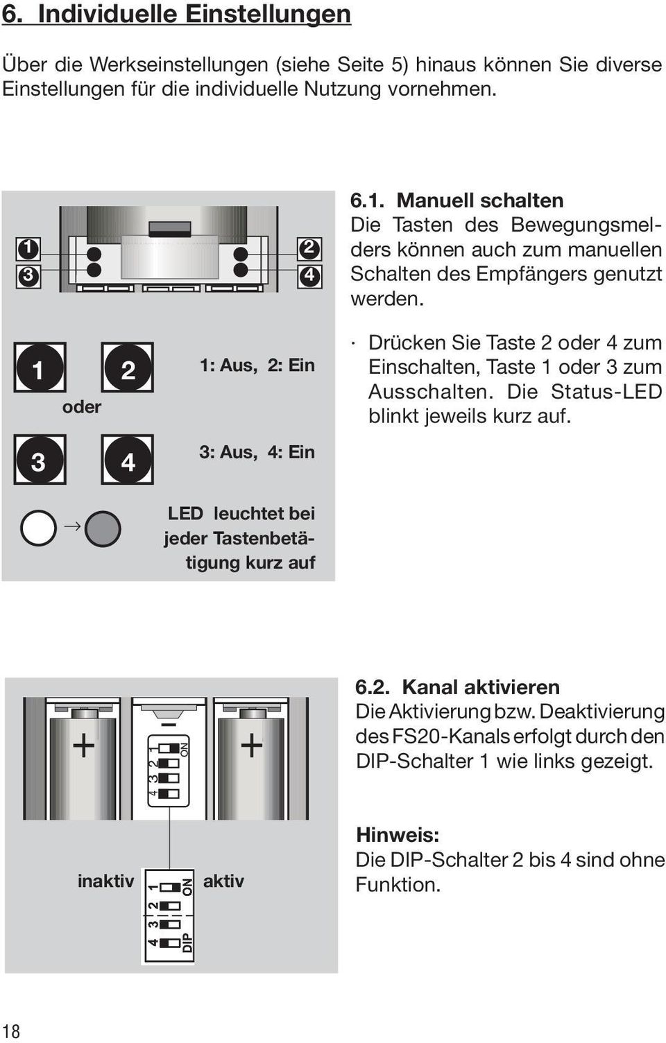 Drücken Sie Taste 2 oder 4 zum Einschalten, Taste 1 oder 3 zum Ausschalten. Die Status-LED blinkt jeweils kurz auf. 6.2. Kanal aktivieren Die Aktivierung bzw.