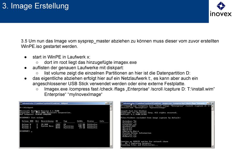 exe auflisten der genauen Laufwerke mit diskpart: list volume zeigt die einzelnen Partitionen an hier ist die Datenpartition D: das eigentliche