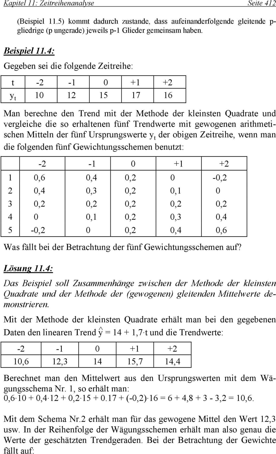 arithmetischen Mitteln der fünf Ursprungswerte y t der obigen Zeitreihe, wenn man die folgenden fünf Gewichtungsschemen benutzt: -2-1 0 +1 +2 1 0,6 0,4 0,2 0-0,2 2 0,4 0,3 0,2 0,1 0 3 0,2 0,2 0,2 0,2