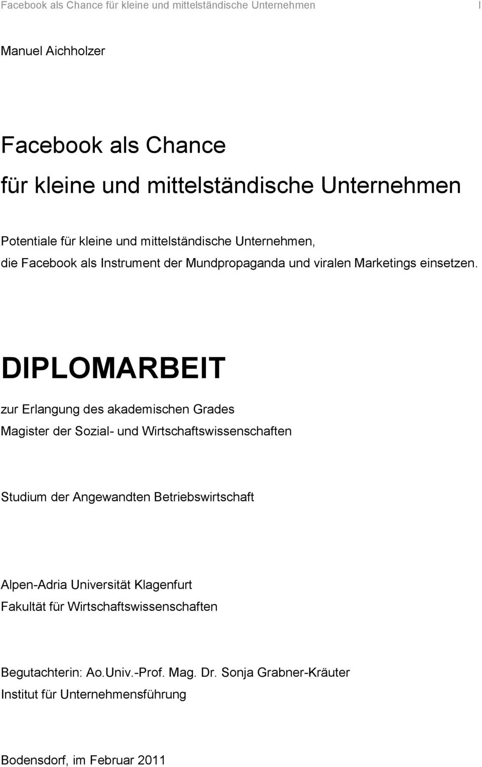 DIPLOMARBEIT zur Erlangung des akademischen Grades Magister der Sozial- und Wirtschaftswissenschaften Studium der Angewandten Betriebswirtschaft Alpen-Adria