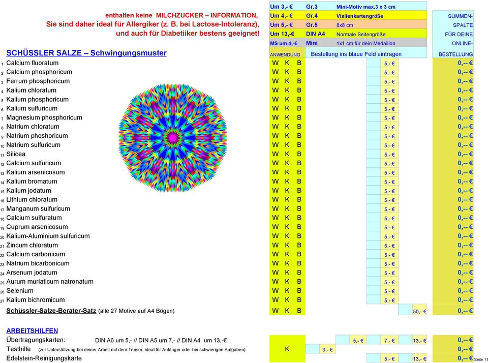 SCHÜSSLER SALZE Schwingungsmuster ANWENDUNG Bestellung ins blaue Feld eintragen BESTELLUNG 1 Calcium fluoratum 2 Calcium phosphoricum 3 Ferrum phosphoricum 4 Kalium chloratum 5 Kalium phosphoricum 6