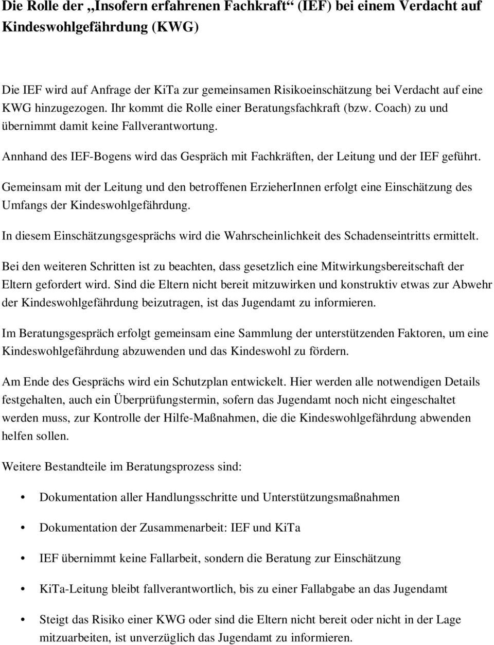 Annhand des IEF-Bogens wird das Gespräch mit Fachkräften, der Leitung und der IEF geführt.