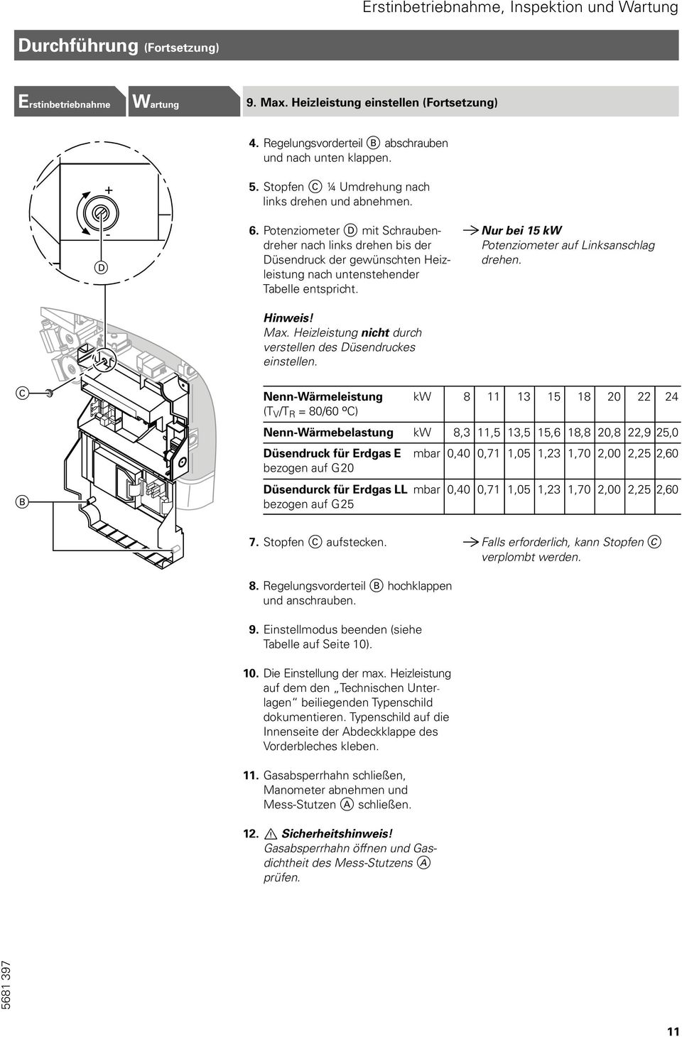 Potenziometer D mit Schrauben dreher nach links drehen bis der Düsendruck der gewünschten Heiz leistung nach untenstehender Tabelle entspricht. Max.