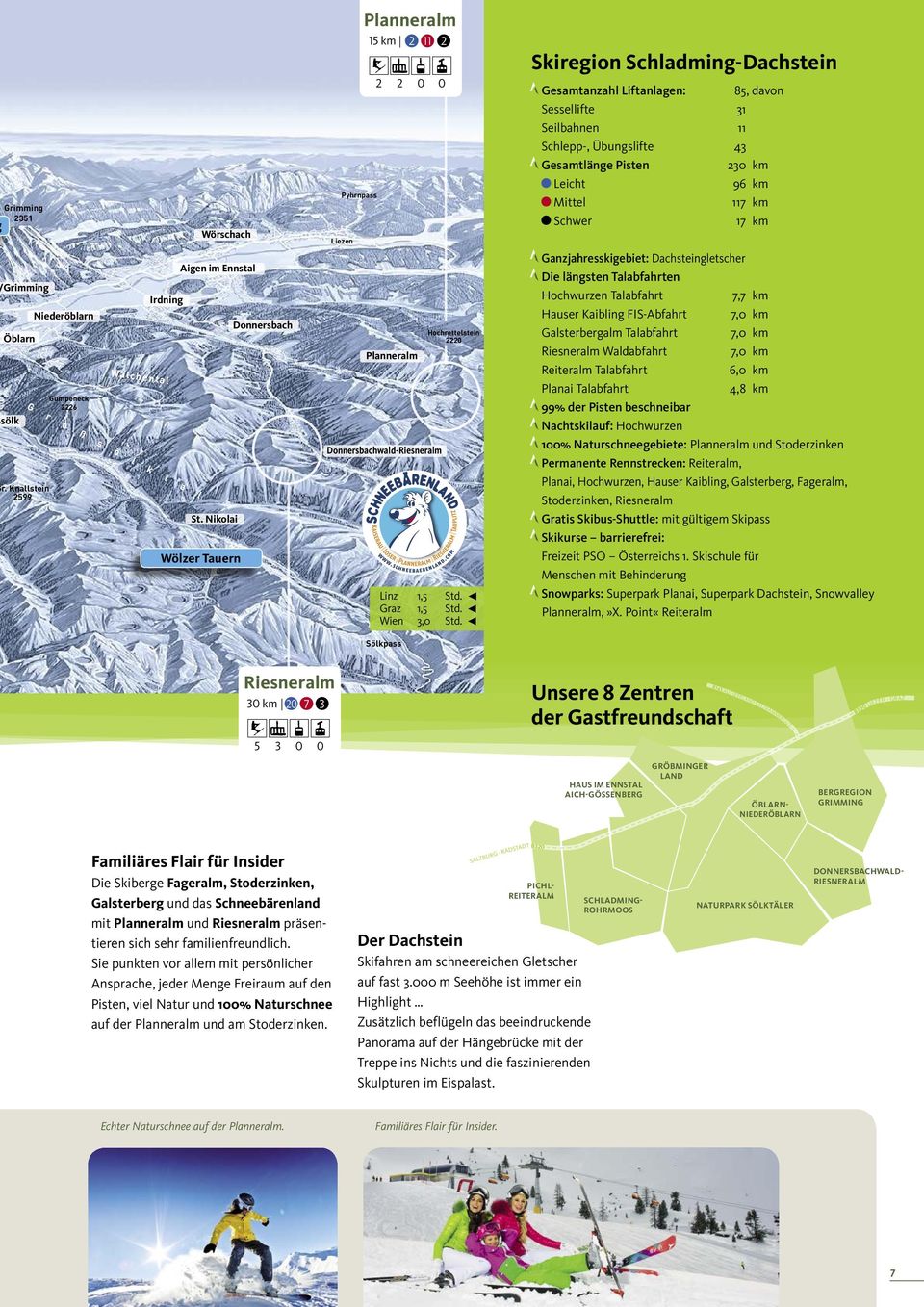 Skiregion Schladming-Dachstein Gesamtanzahl Liftanlagen: 85, davon Sessellifte 31 Seilbahnen 11 Schlepp-, Übungslifte 43 Gesamtlänge Pisten 230 km Leicht 96 km Mittel 117 km Schwer 17 km
