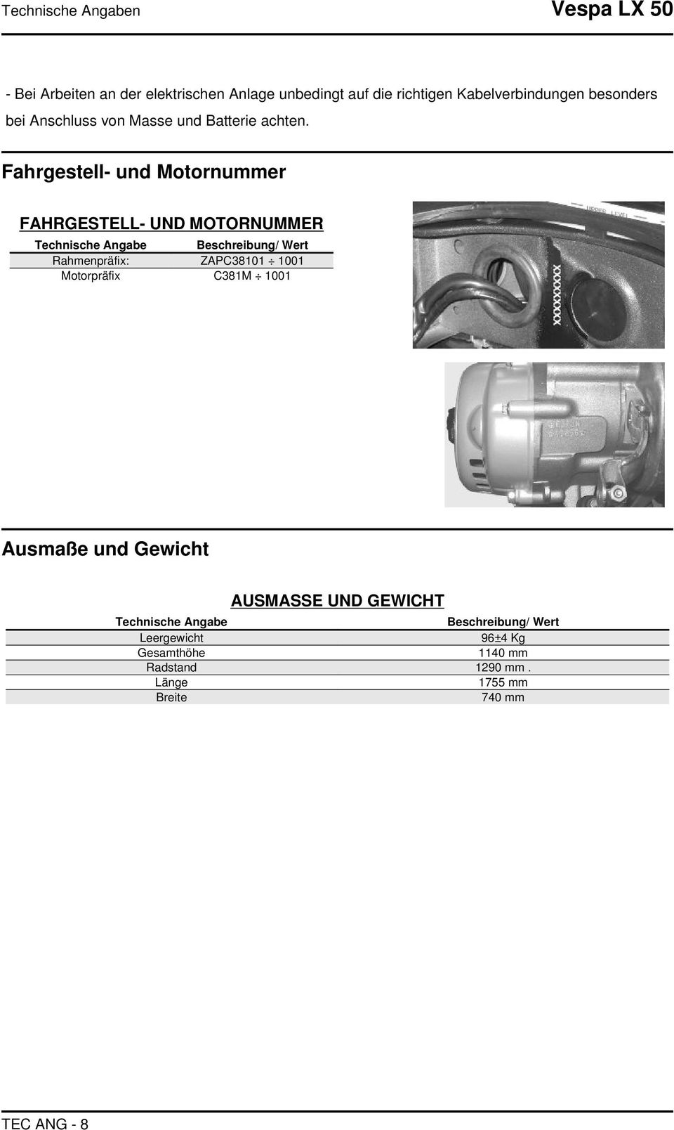Fahrgestell- und Motornummer FAHRGESTELL- UND MOTORNUMMER Technische Angabe Beschreibung/ Wert Rahmenpräfix: ZAPC38101 1001