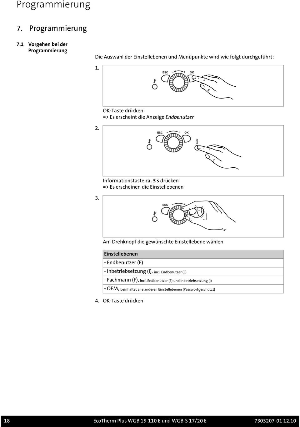 Am Drehknopf die gewünschte Einstellebene wählen Einstellebenen - Endbenutzer (E) - Inbetriebsetzung (I), incl. Endbenutzer (E) - Fachmann (F), incl.