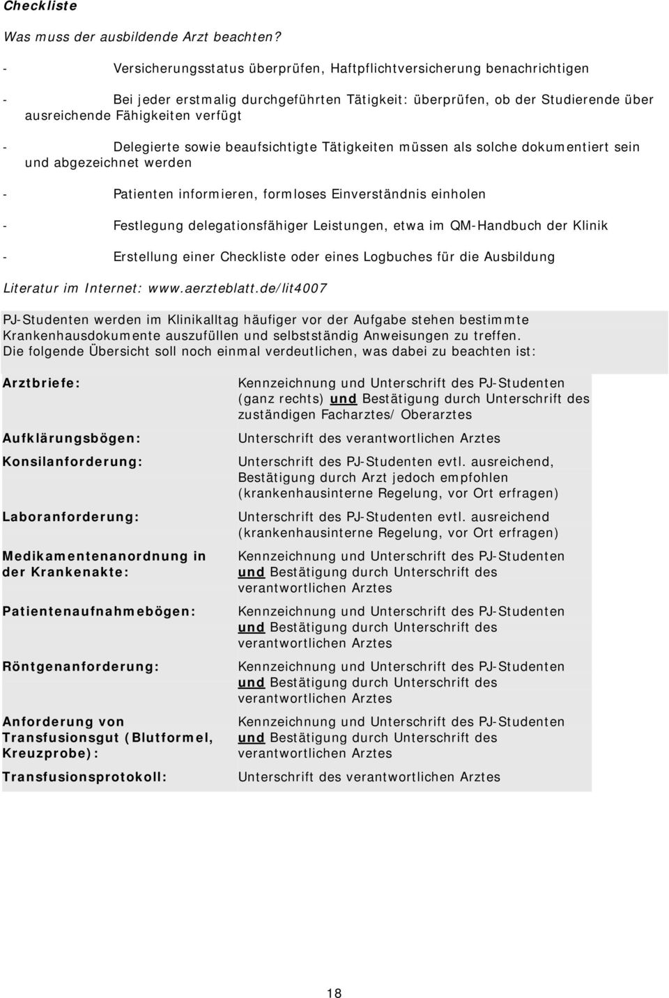 Delegierte sowie beaufsichtigte Tätigkeiten müssen als solche dokumentiert sein und abgezeichnet werden Patienten informieren, formloses Einverständnis einholen Festlegung delegationsfähiger