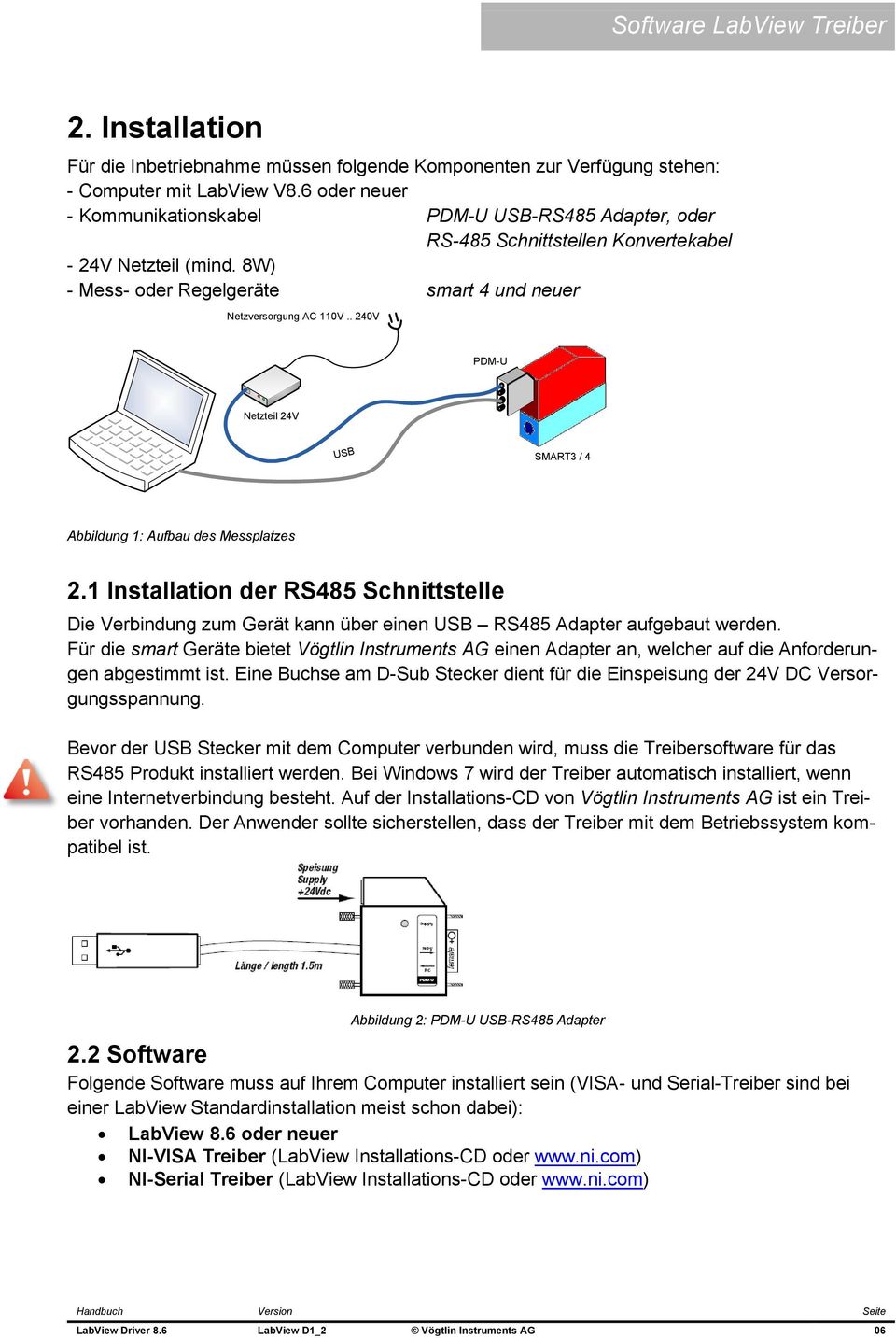 . 240V PDM-U Netzteil 24V USB SMART3 / 4 Abbildung 1: Aufbau des Messplatzes 2.1 Installation der RS485 Schnittstelle Die Verbindung zum Gerät kann über einen USB RS485 Adapter aufgebaut werden.