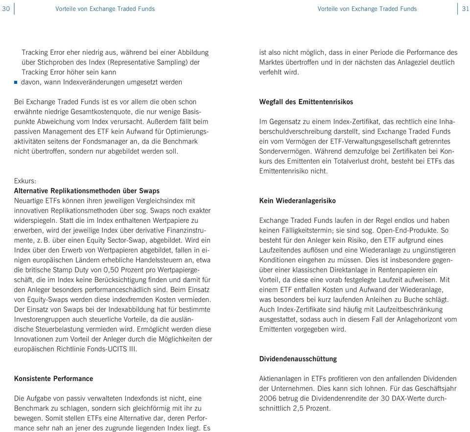 Anlageziel deutlich verfehlt wird. Bei Exchange Traded Funds ist es vor allem die oben schon erwähnte niedrige Gesamtkostenquote, die nur wenige Basispunkte Abweichung vom Index verursacht.