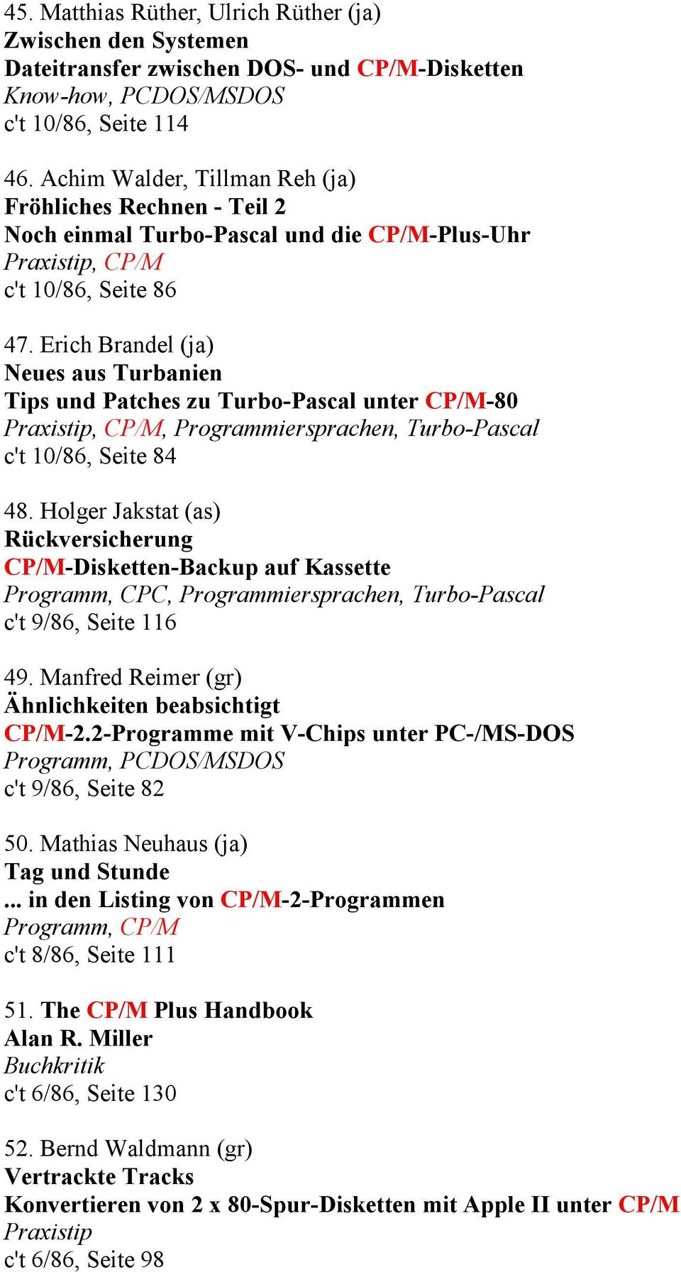 Erich Brandel (ja) Neues aus Turbanien Tips und Patches zu Turbo-Pascal unter CP/M-80 Praxistip, CP/M, Programmiersprachen, Turbo-Pascal c't 10/86, Seite 84 48.