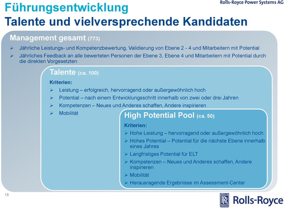 100) Kriterien: Leistung erfolgreich, hervorragend oder außergewöhnlich hoch Potential nach einem Entwicklungsschritt innerhalb von zwei oder drei Jahren Kompetenzen Neues und Anderes schaffen,