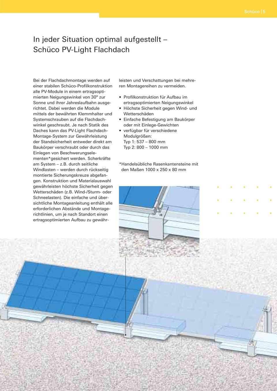 Je nach Statik des Daches kann das PV-Light Flachdach- Montage-System zur Gewährleistung der Standsicherheit entweder direkt am Baukörper verschraubt oder durch das Einlegen von