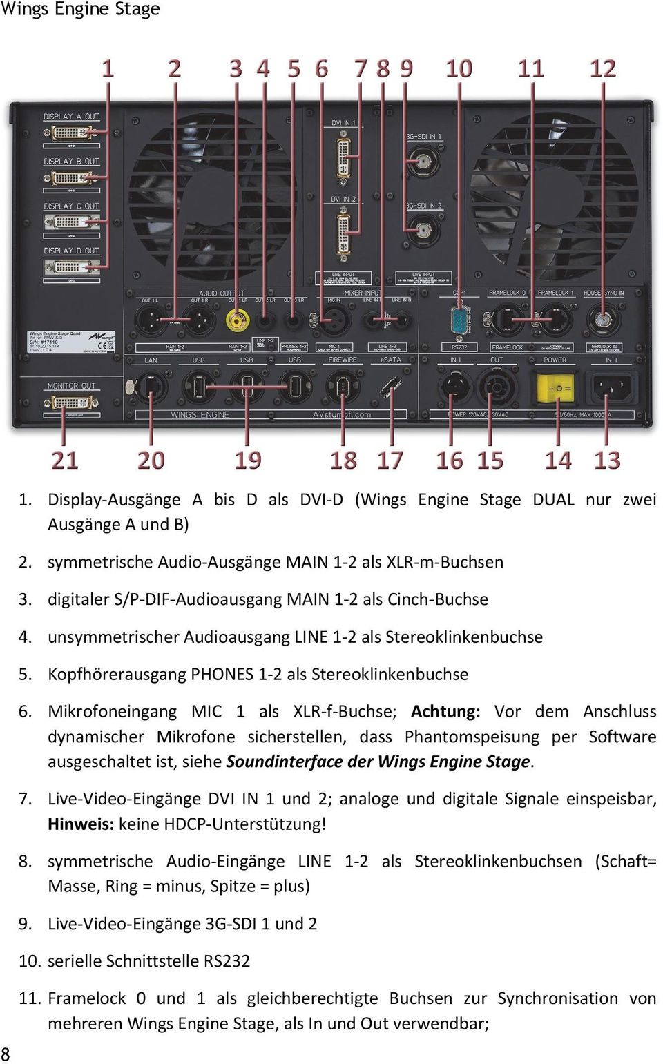 Mikrofoneingang MIC 1 als XLR f Buchse; Achtung: Vor dem Anschluss dynamischer Mikrofone sicherstellen, dass Phantomspeisung per Software ausgeschaltet ist, siehe Soundinterface der Wings Engine