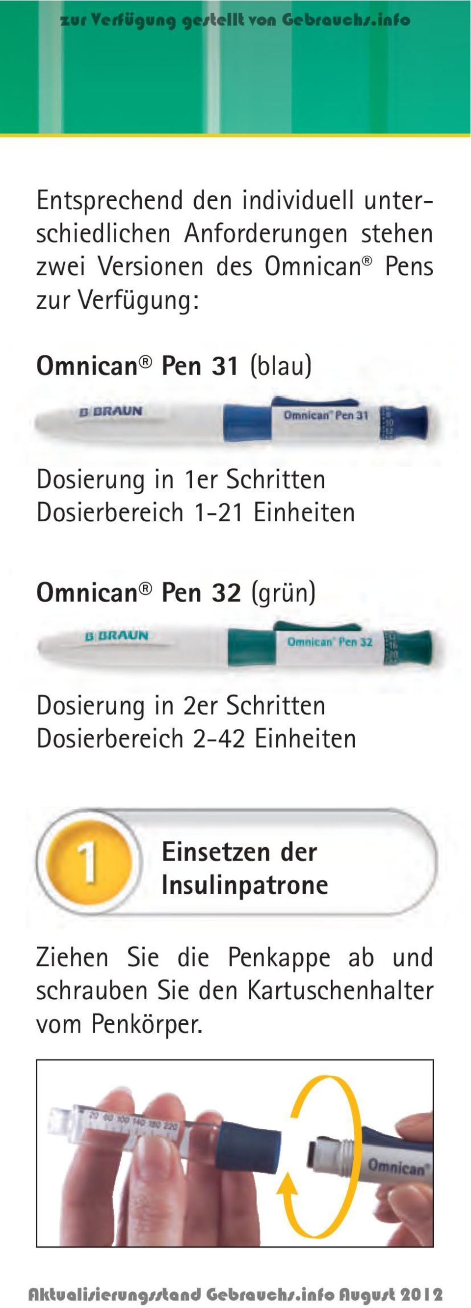 Einheiten Omnican Pen 32 (grün) Dosierung in 2er Schritten Dosierbereich 2-42 Einheiten