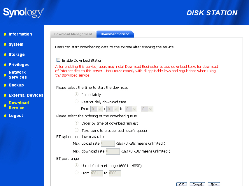 Download Station Der Synology Server kann Dateien aus dem Internet über BitTorrent, FTP und HTTP herunterladen.