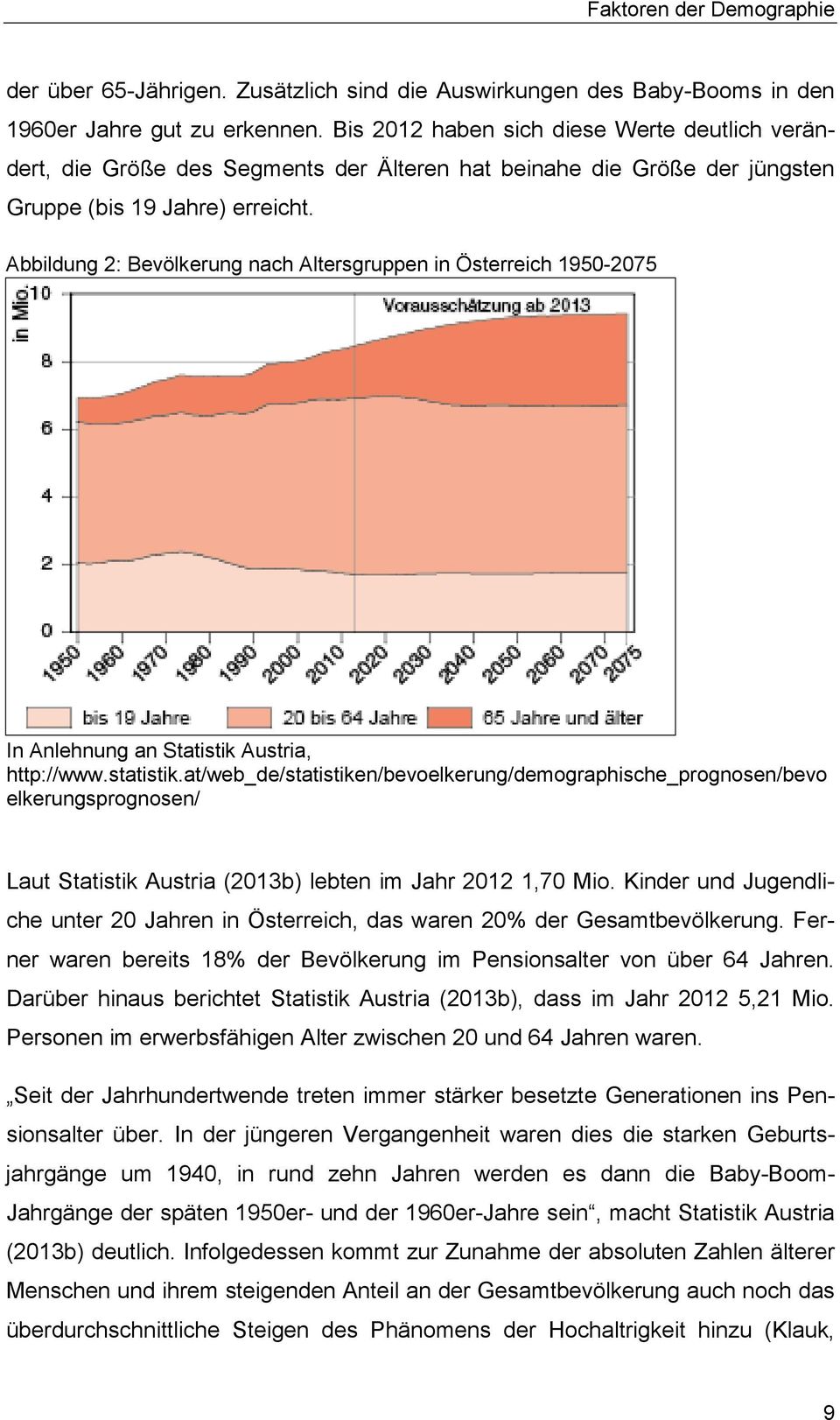 Abbildung 2: Bevölkerung nach Altersgruppen in Österreich 1950-2075 In Anlehnung an Statistik Austria, http://www.statistik.
