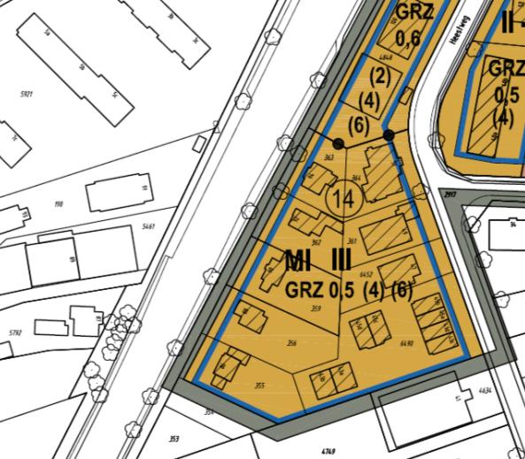 Darstellungen im Bebauungsplan Grenzt die überbaubare Fläche an die Plangebietsgrenze, so ist eine seitliche Baugrenze festzusetzen (Abb.