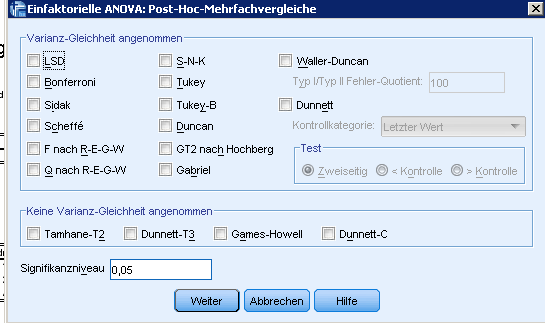 Einfaktorielle ANOVA Quadratsumme df Mittel der Quadrate F Signifikanz Zwischen den Gruppen 1653,024 2 826,512 10,450,000 Innerhalb der Gruppen 2609,948 33 79,089 Gesamt 4262,972 35 Zwischen den