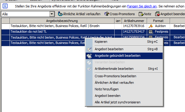 Hinweis: Wenn Sie bereits alle oben beschriebenen Schritte zum Aktualisieren Ihrer aktiven Angebote vorgenommen haben, entfällt die Synchronisierung, die Ihnen nach der Speicherung angeboten wird.