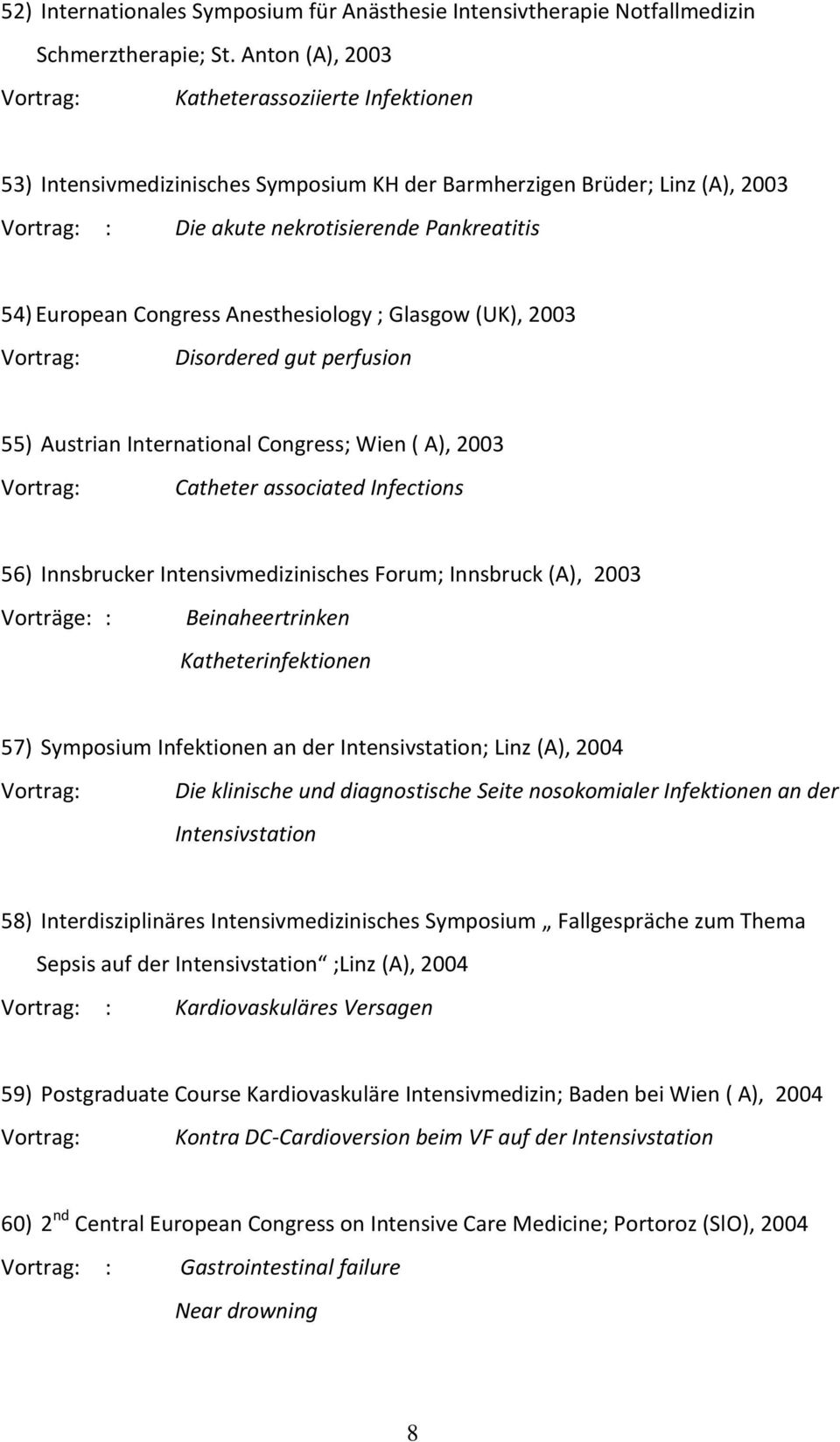 Anesthesiology ; Glasgow (UK), 2003 Disordered gut perfusion 55) Austrian International Congress; Wien ( A), 2003 Catheter associated Infections 56) Innsbrucker Intensivmedizinisches Forum; Innsbruck