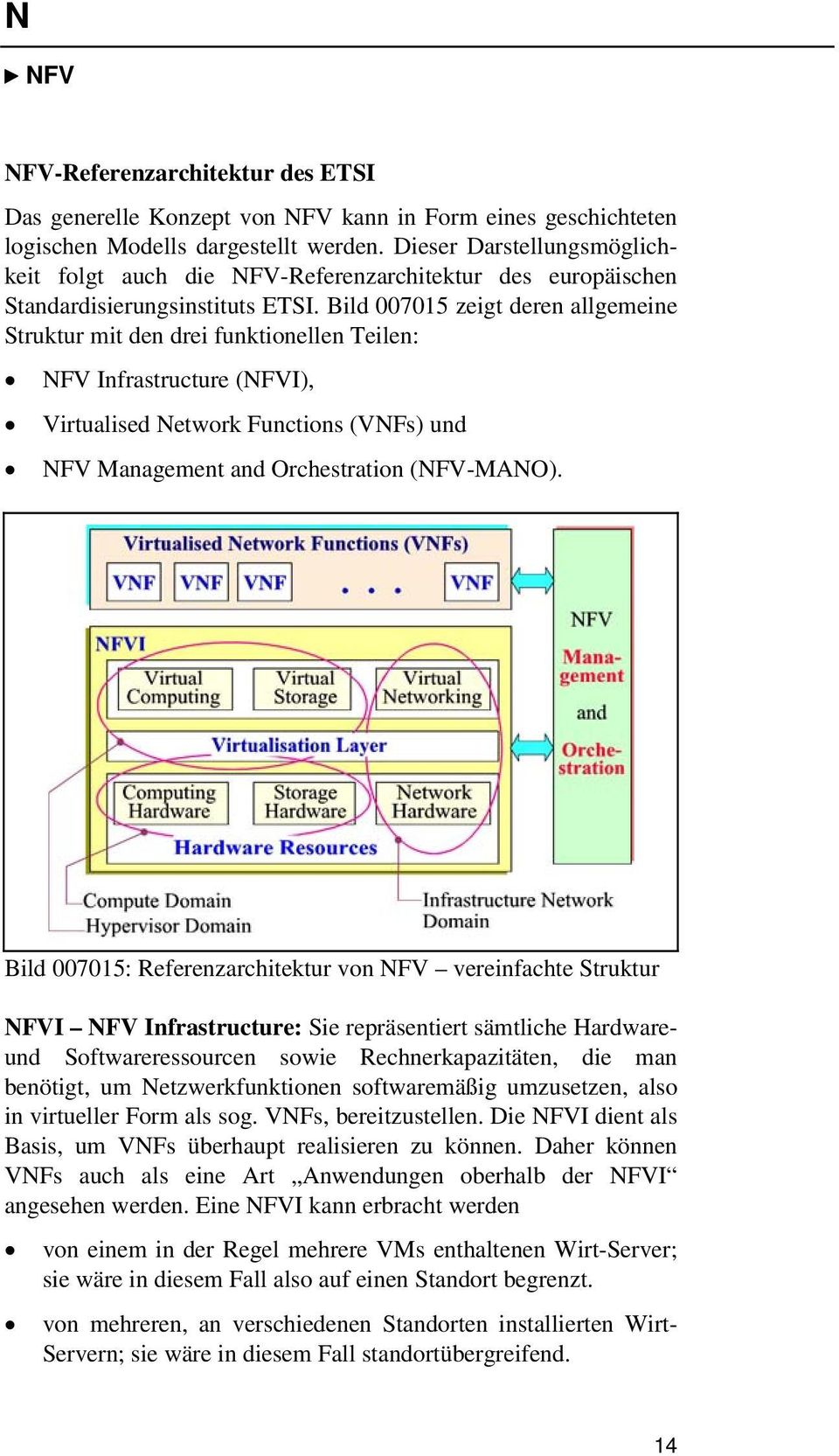 Bild 007015 zeigt deren allgemeine Struktur mit den drei funktionellen Teilen: NFV Infrastructure (NFVI), Virtualised Network Functions (VNFs) und NFV Management and Orchestration (NFV-MANO).