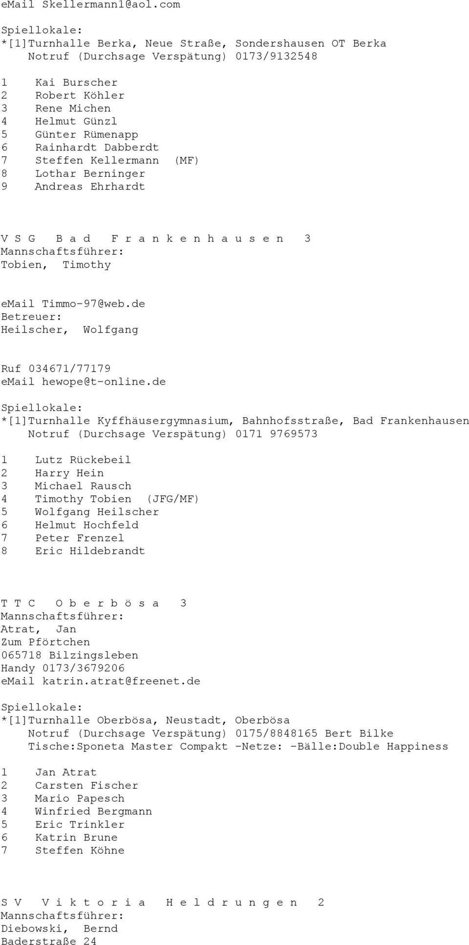 Dabberdt 7 Steffen Kellermann (MF) 8 Lothar Berninger 9 Andreas Ehrhardt V S G B a d F r a n k e n h a u s e n 3 Tobien, Timothy email Timmo-97@web.