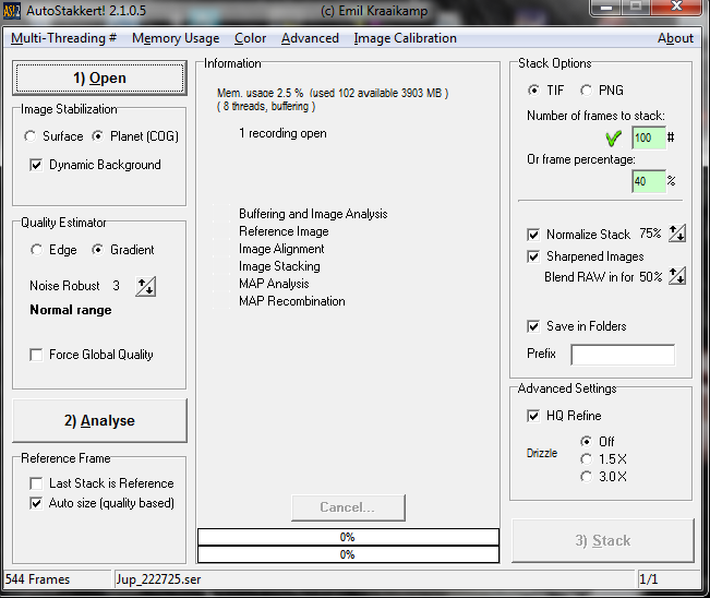 Aufnahme-Software: FireCapture 2.4 (ASI 178MM) Version 2.5beta unterstützt auch größere Auflösungen: > 2400x2000 Pixel IC Capture 2.