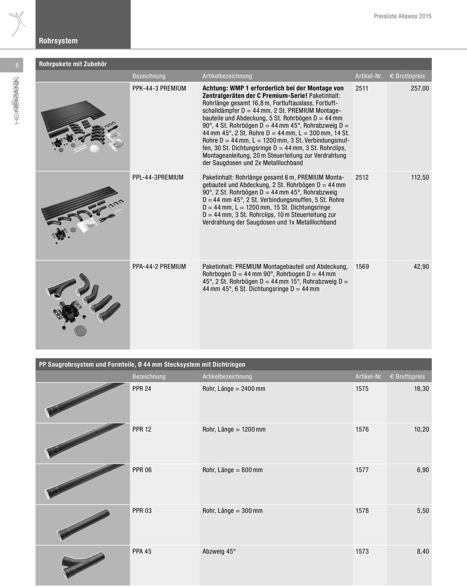 Paketinhalt: Rohrlänge gesamt 16,8 m, Fortluftauslass, Fortluftschalldämpfer D = 44 mm, 2 St. PREMIUM Montagebauteile und Abdeckung, 5 St. Rohrbögen D = 44 mm 90, 4 St.